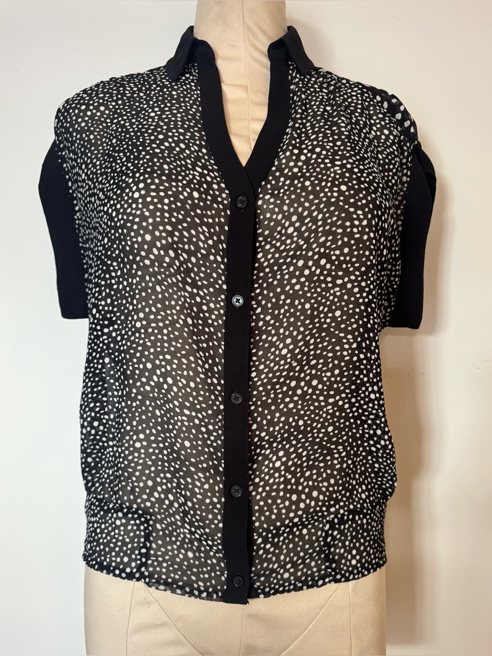 Express Sheer Top Blouse Black White Polka Dot Collared Button Down Size XS